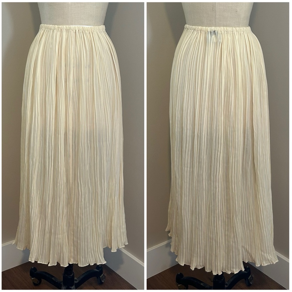 VTG 80s Sue Wong Designer Rayon Crinkle Midi Skirt Minimalist Cream Sz M RARE!